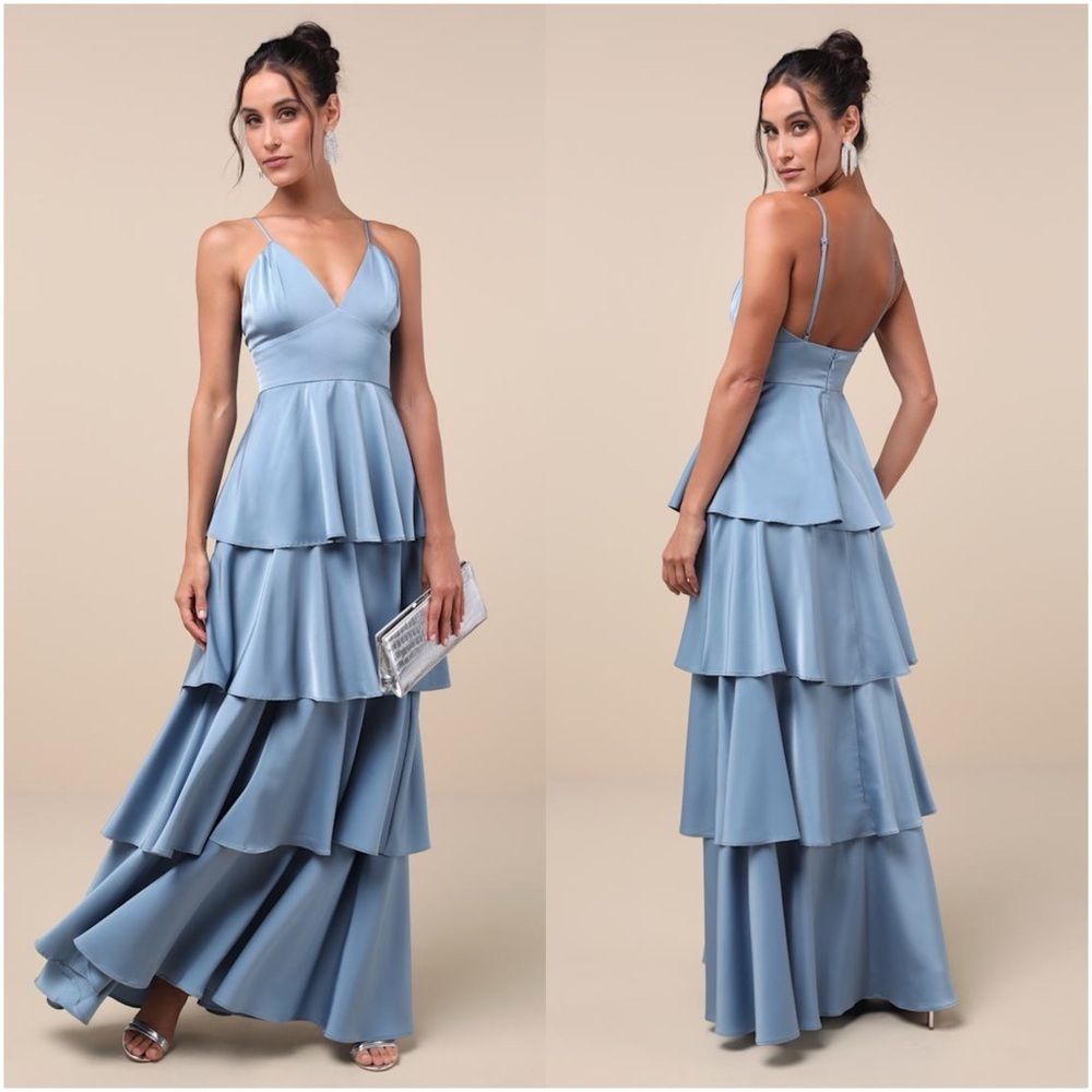 LULU’S Going With Elegance Slate Blue Satin Tiered Gown